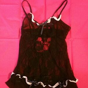 NWOT black lace slip w garters